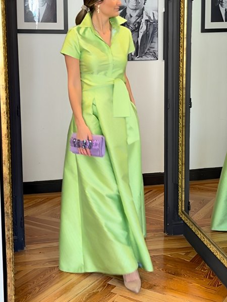 

Elegant Plain Satin Shirt Collar Maxi Dress With Belt, Green, Maxi Dresses