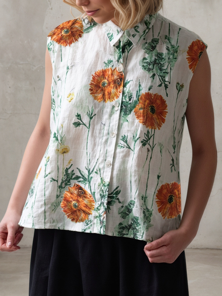 

Linen Casual Plants Shirt Collar linen-cotton Shirt, As picture, Blouses & Shirts