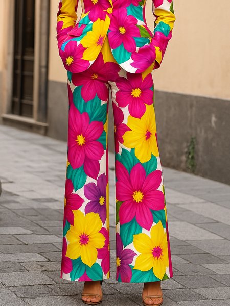 

Elegant Floral Printing Wide Leg Pants, As picture, Pants