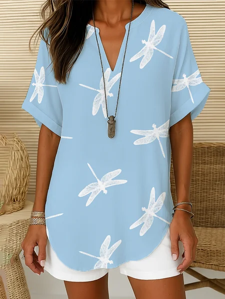 

Women Dragonfly Short Sleeve Shirt Summer Printing V Neck Daily Casual Top, Blue, Shirts