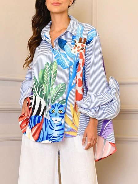 

Casual Striped Printing Shirt Collar Ruffle Sleeve Shirt, As picture, Blouses and Shirts