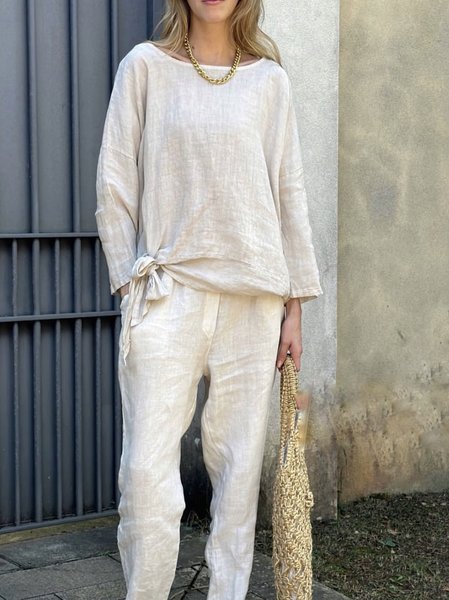 

Crew Neck Casual Cotton Two-Piece Set, Off white, Suits