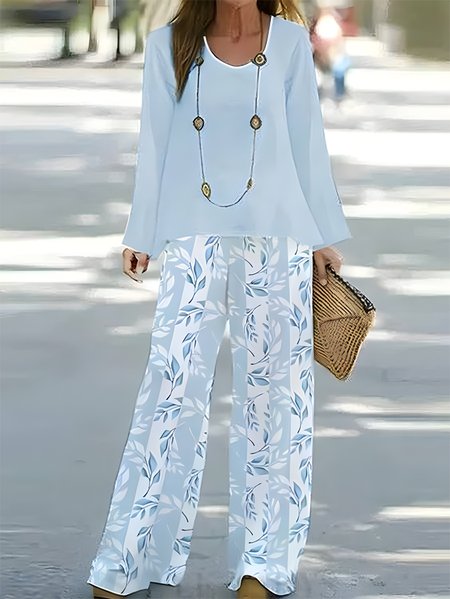 

Women Floral Crew Neck Long Sleeve Comfy Casual Printing Top With Pants Two-Piece Set, Blue, Sets