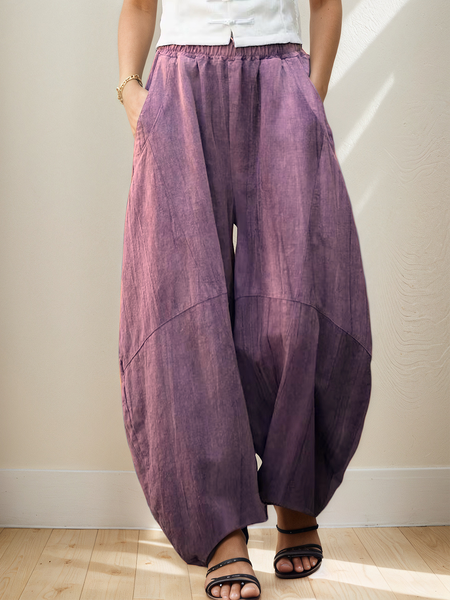 

Casual Plain Pocket Stitching linen-cotton Bloomers Pant, Purplish red, Pants