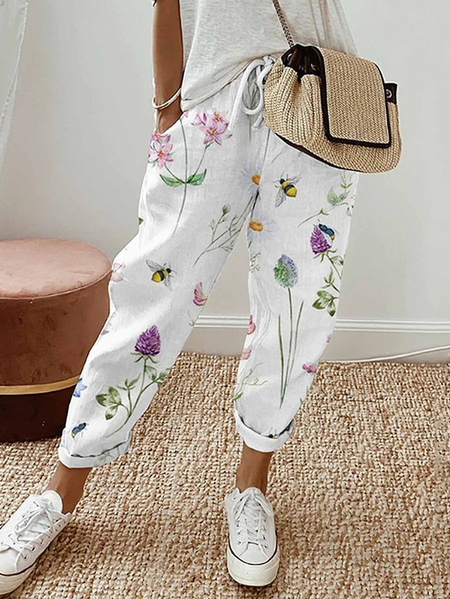 

Women Floral Long Pants Casual Spring/Fall Trousers, White, Pants