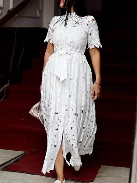 

Elegant Floral Lace Midi Dress With Belt, White, Midi Dresses