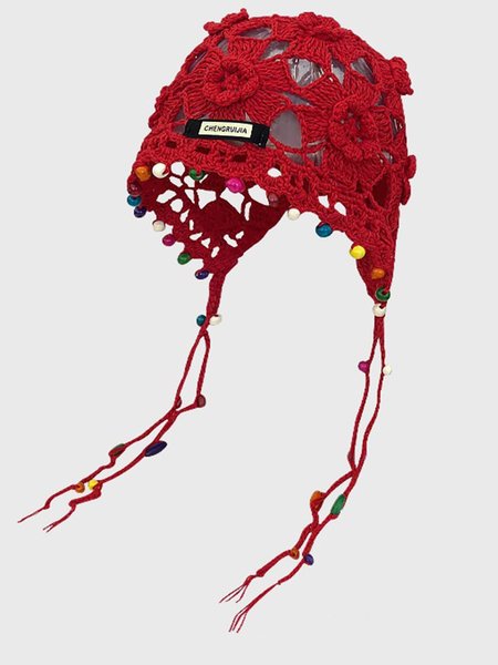 

Hollow Tassel Hand-knitted Cap, Red, Hats