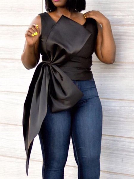 

Urban Plain Bow Crew Neck Tank Top, Black, Tanks and Camis