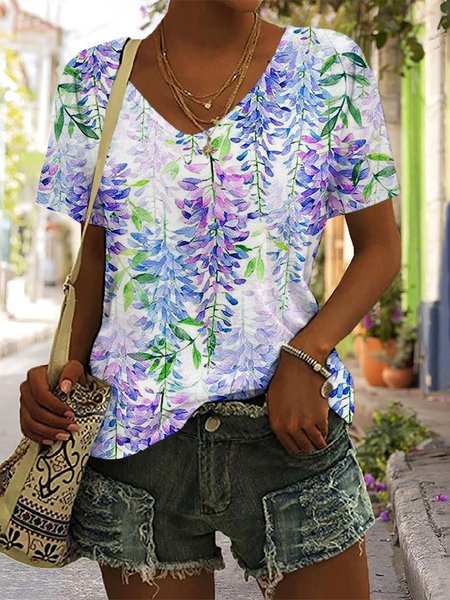 

Casual Floral V Neck Short Sleeve T-shirt, White, T-shirts