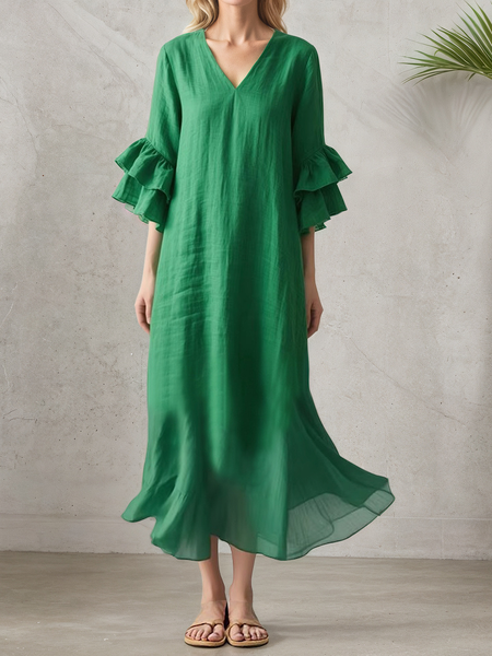 

Vacation Plain V Neck linen-cotton Maxi Dress, Green, Maxi Dresses