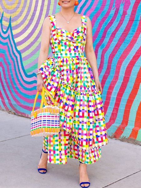 

Vacation Plaid Printing V Neck Maxi Dress, As picture, Maxi Dresses