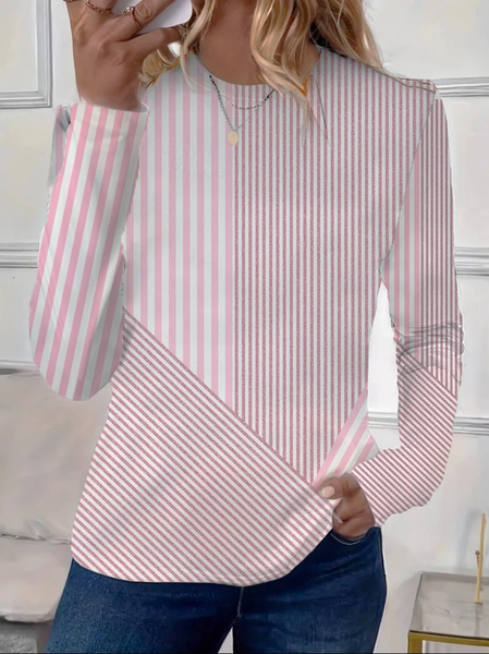 

Casual Striped Crew Neck Long Sleeve T-shirt, Pink, T-shirts