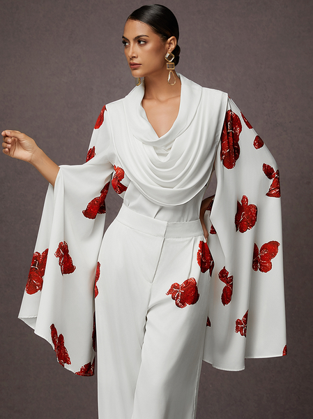 

Split Sleeve Floral Loose Elegant Blouse, White, Blouses and Shirts