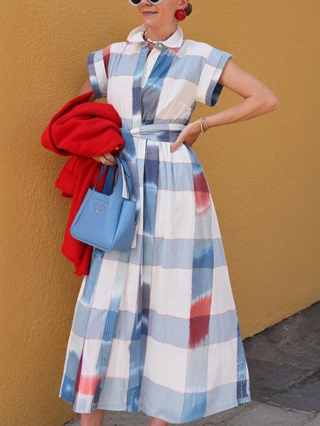 

Casual Plaid Printing Shirt Collar Midi Dress With Belt, Blue, Midi Dresses