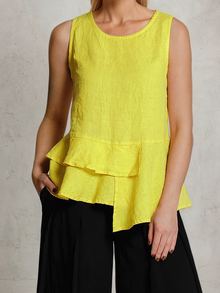 

Linen Casual Plain Asymmetric linen-cotton Crew Neck Blouse, Yellow, Blouses & Shirts