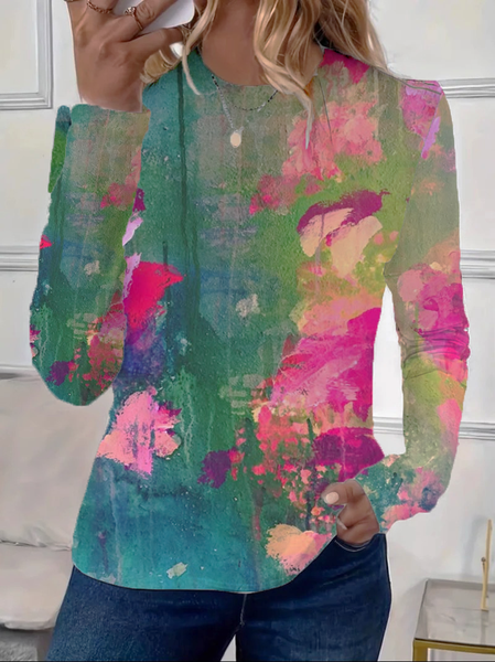 

Women Abstract Long Sleeve Tee T-shirt Crew Neck Casual Spring/Fall Graphic Tee Top, As picture, T-Shirts