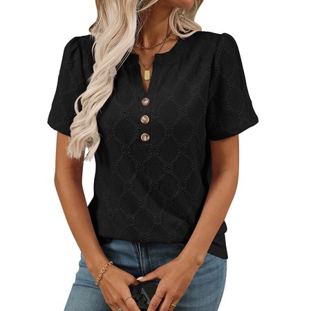 

Women Plain V Neck Casual Short Sleeve T-shirt, Black, Blouses & Shirts