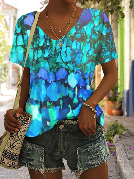 

Casual Floral V Neck Short Sleeve T-shirt, Lake blue, T-shirts