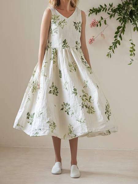 

Vacation Plants V Neck linen-cotton Midi Dress, As picture, Maxi Dresses