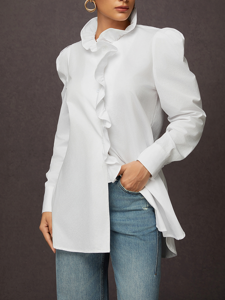 

Lotus Leaf Collar Long sleeve Loose Plain Urban Blouse, White, Blouses and Shirts