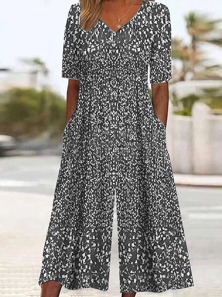 

Women's Floral V Neck Half Sleeve Casual Summer Jumpsuit, Gray, Jumpsuits＆Rompers
