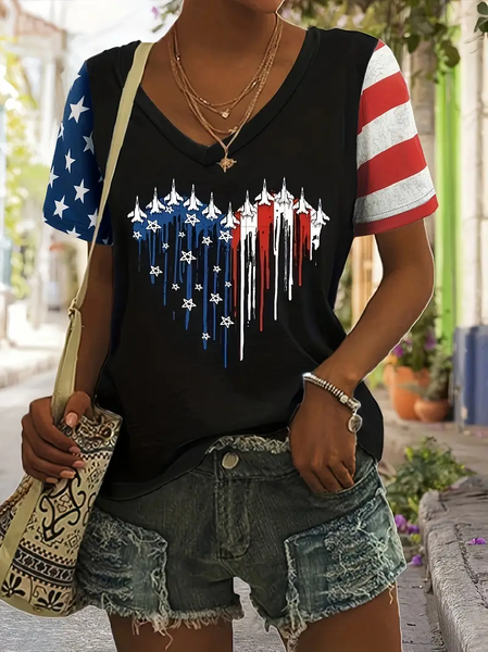 

Casual America Flag V Neck Short Sleeve T-shirt, As picture, T-shirts