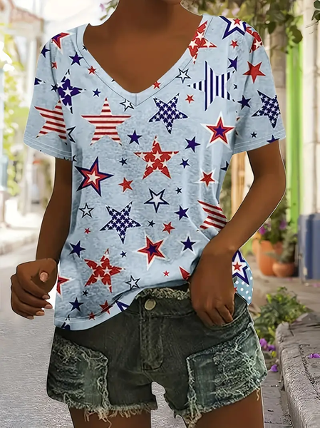 

Casual America Flag V Neck Short Sleeve T-shirt, As picture, T-shirts