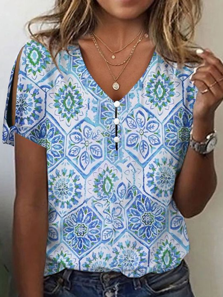 

Women Floral Short Sleeve Tee T-shirt V Neck Printing Casual Summer Graphic Tee Top, Blue, T-Shirts
