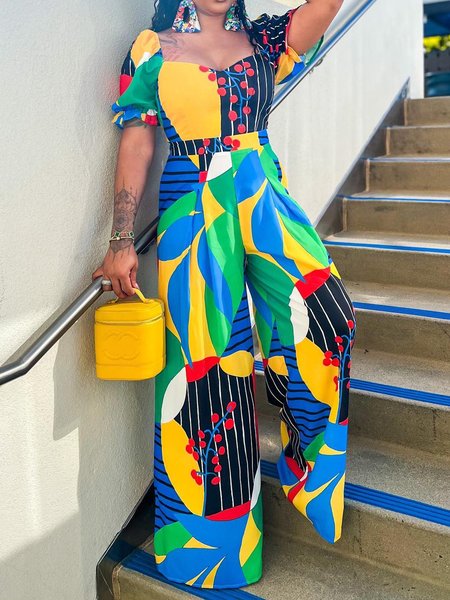 

Urban Printing Random Print Sweetheart Neckline Jumpsuit, As picture, Jumpsuits