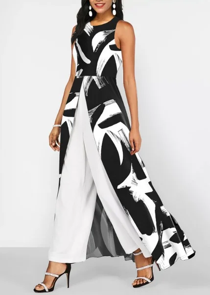 

Women Sleeveless Crew Neck Regular Fit Ankle Pants Daily Casual Geometric Mid Waist Tank Jumpsuit, White, Jumpsuits&Rompers