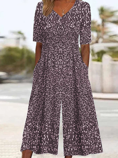 

Women Half Sleeve V Neck Regular Fit Ankle Pants Printing Daily Casual Floral Natural Jumpsuit, Purple, Jumpsuits&Rompers
