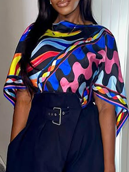 

Casual Abstract Printing Crew Neck Blouse, As picture, Blouses and Shirts