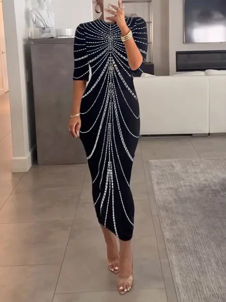 

Casual Abstract Polka Dots Printing Crew Neck Midi Dress, Black-white, Midi Dresses