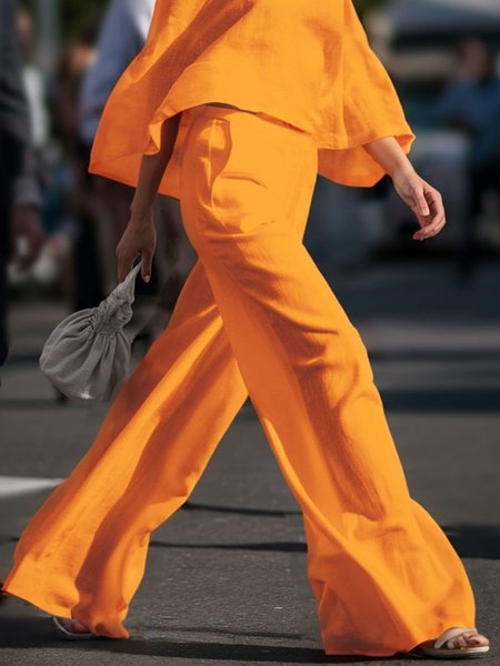 

Linen blend Casual Plain Wide Leg Pants, Orange, Pants