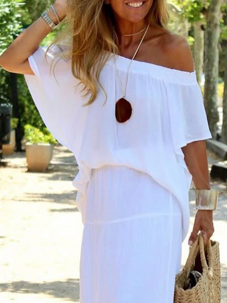 

Vacation Plain Gathered One Shoulder Blouse, White, Blouses and Shirts