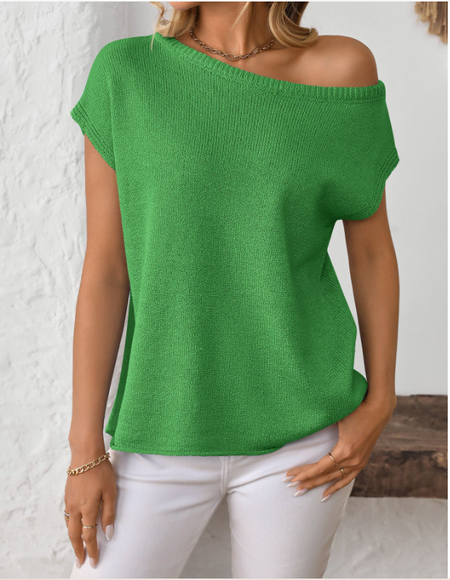 

Women's knitwear Y2K summer knit sweater curved beaded ice silk fabric knitted pullover oblique shoulder round neck top, Green, T-Shirts