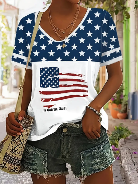 

Casual America Flag V Neck Short Sleeve T-shirt, As picture, T-shirts