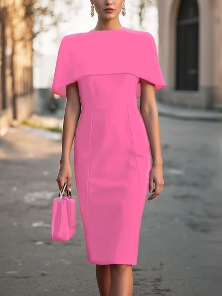 

Elegant Plain Crew Neck Knee Length Dress, Pink, Midi Dresses