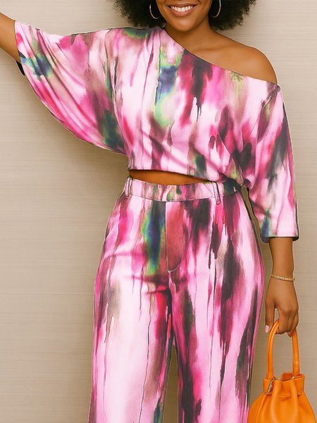 

Vacation Abstract Printing Cold Shoulder Blouse, Pink, Blouses and Shirts