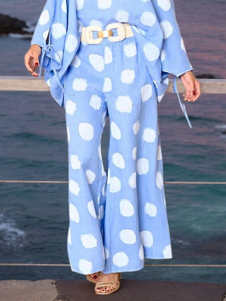 

Vacation Polka Dots Printing Wide Leg Pants No Belt, Blue, Pants
