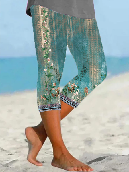 

Casual Floral Capris Elastic Waist Printing Pant, Lake blue, Leggings