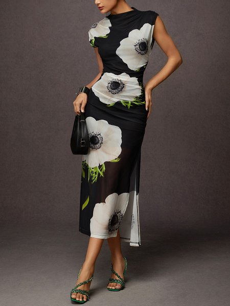 

Elegant Floral Ruched Crew Neck Midi Dress, As picture, Midi Dresses