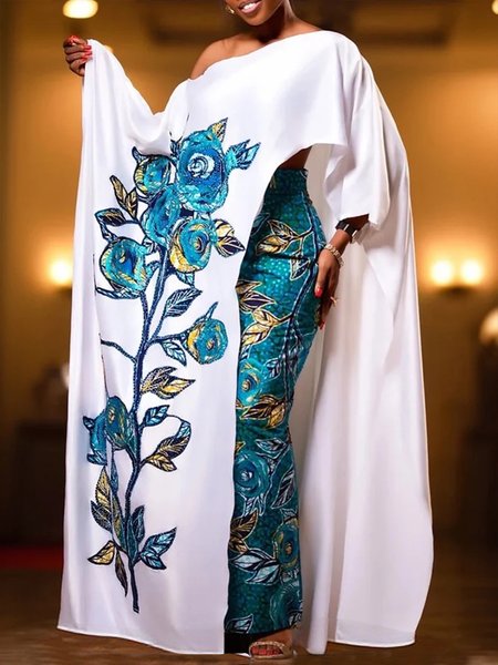 

Satin Urban Floral Printing Crew Neck Raglan Sleeves Blouse, Blue, Blouses and Shirts