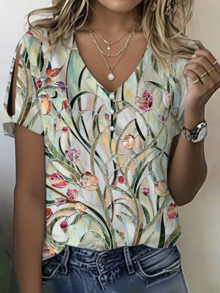 

Women Floral Short Sleeve Tee T-shirt V Neck Printing Casual Summer Graphic Tee Top, Green, T-Shirts