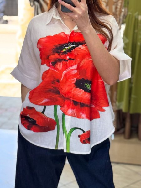 

Casual Floral Printing Shirt Collar Raglan Sleeves Shirt, As picture, Blouses and Shirts