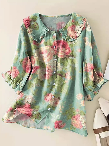 

Women Floral Short Sleeve Shirt Summer Printing Shawl Collar Daily Casual Top, Green, Shirts