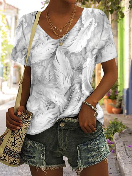 

Casual Floral V Neck Short Sleeve T-shirt, White, T-shirts