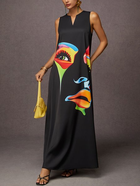 

Vacation V Neck Figure Woven Dress, Black, Maxi Dresses