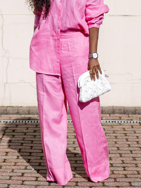 

Casual Plain Buttoned Wide Leg Pants, Pink, Pants