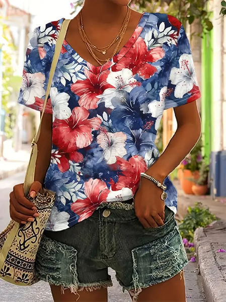 

Casual Floral V Neck Short Sleeve T-shirt, As picture, T-shirts